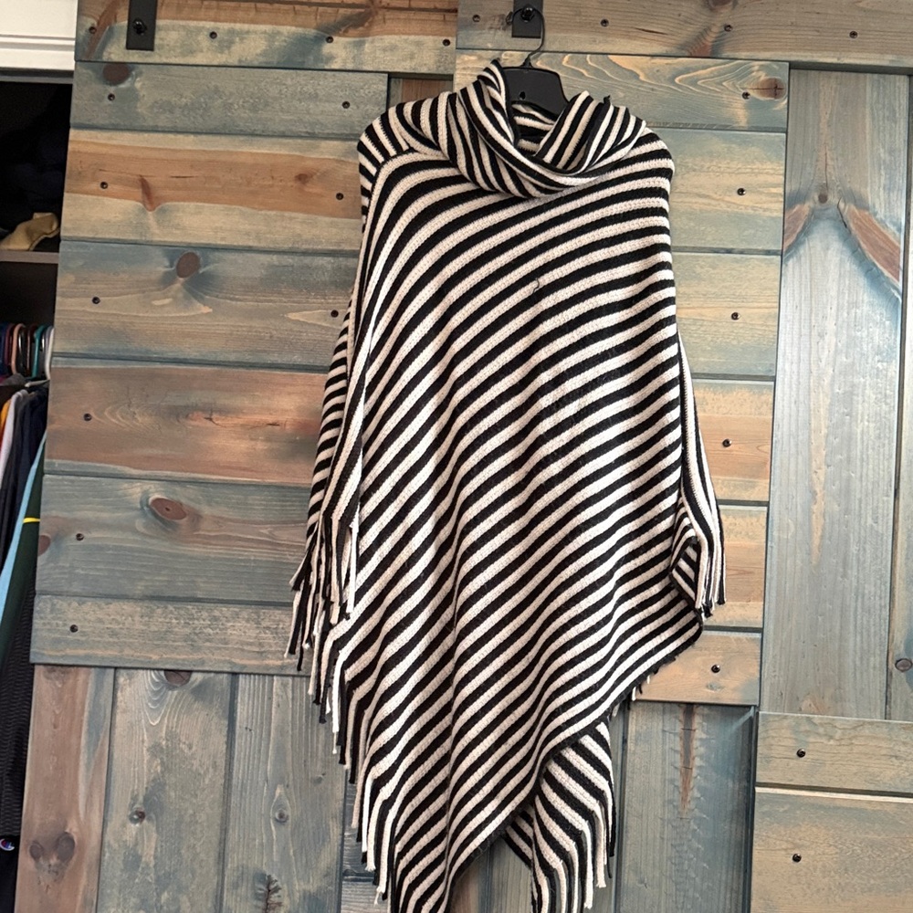 Striped Black and White Fringe Poncho